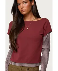アディクテッド レディース トップス シャツ Edikted Womens Layered Stripey Long Sleeve T Shirt Burgundy バーガンディ