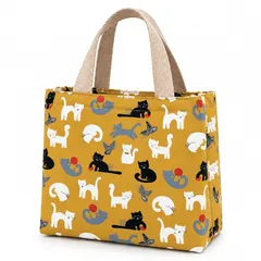 【新品】 【快適良品スヤスワ】ランチバッグ 猫 猫柄 保冷 保温 お弁当バッグ 巾着 丸型 レディース 大人 かわいい 帆布 ランチトート 手提げ 黄スクエア