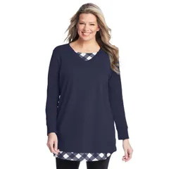 ウーマン ウィズイン レディース アウター パーカー・スウェット プラスサイズ シャツ Woman Within Plusize Layered Look Sweatshirt Navy Plaid