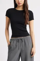 オープンエディット レディース トップス シャツ Open Edit Rib Short Sleeve Shirt Black ブラック