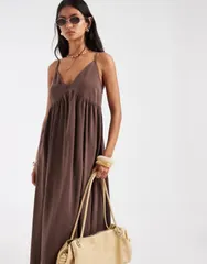 オンリー レディース トップス ワンピース Vネック マキシ ONLY vneck maxi dress in chocolate BROWN ブラウン