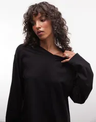 ウィークデイ レディース トップス Tシャツ Vネック Weekday boxy fit long sleeve Tshirt with Vneck Black ブラック