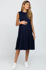 ピンクブラッシュ レディース トップス ワンピース リブ ミディ ノースリーブ マタニティ PinkBlush Ribbed Sleeveless Midi Dress Maternity Navy