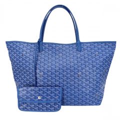 ゴヤール トートバッグ レディース サンルイGM ハンドバッグ ポーチ付き 肩掛け GOYARD コーティングキャンバス レザー ブルー 青 シルバー金具【中古品】