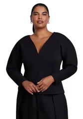 エロクイ レディース トップス シャツ Vネック プラスサイズ ELOQUII Round Sleeve V Neck Top Plus BLACK ONYX ブラック
