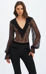 ミスサークル レディース トップス シャツ フリル シアー ボディースーツ レース Miss Circle Taliah Sheer Lace Ruffled Collar Bodysuit Blac