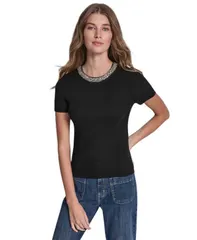 ダナキャランニューヨーク レディース アウター ニット・セーター クルーネック プチ リブ 半袖 DKNY Jeans Petitembellished RibbedKnit ShortSleeve