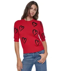 ダナ キャラン ニューヨーク レディース アウター ニット・セーター クルーネック ミニ DKNY Womens Mini Hearts Crewneck ElbowSleeve Sweater Vi