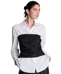 ケネスコール レディース トップス シャツ Kenneth Cole Womens Poplin Long Sleeve Shirt with Pinstripe Bustier Blk Mltipu