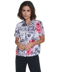 カール ラガーフェルド レディース トップス シャツ プリント 半袖 ダウン ブラウス KARLAGERFELD PARIS Womens AlloverPrint ShortSleeve Butto