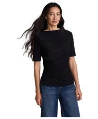 ランズエンド レディース トップス シャツ ギャザー ブラウス Lands End Womens ElbowSleeve Bateau Neckline Ruched Blouse Black ブラッ