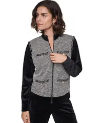 カール ラガーフェルド レディース アウター ニット・セーター ツイード KARLAGERFELD PARIS Womens FullZip MockNeck Tweed Sweater Black