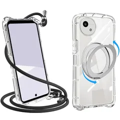 【新品】 AQUOS wish6 用の ケース ショルダー リング付き クリア ストラップ付き【660°回転スタンド・縦横両対応】アクオスwish6 スマホケース カバー 耐衝撃 全透明 TPU 肩掛け 首掛け 取り外し可能 長さ調整可能 スタンド機能付き 金