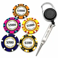 【期間限定】【新品】 カジノチップマーカー ゴルフマーカー リール式ゴルフグリーンフォーク 6点セット 芝に優しい1本刃 グリーンフ