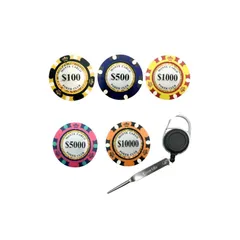 【期間限定】【新品】 MZsplus カジノチップゴルフ マーカー リール式ゴルフグリーンフォーク 6点セット 芝に優しい1本刃グリ