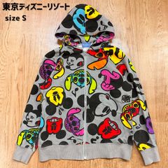 Disney ディズニー 東京ディズニーリゾート S サイズ 長袖 ジャケット パーカー アウター フード 総柄 キャラデザイン グレー カラフル ミッキー フルジップ ジップアップ リブ 綿 コットン キャラクター マルチカラー ポップ ラグラン