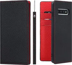 【数量限定】本革 スマホ 手帳型 ケース ストラップ ケース ギャラクシーS10 耐衝撃 S10 カバー Galaxy 対応 -ブラック Havaya