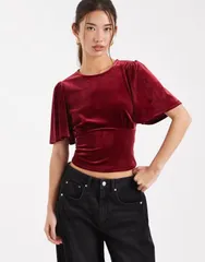 エイソス レディース トップス Tシャツ ベルベット ASOS DESIGN velvet puff sleeve top with tie back in berry Berry