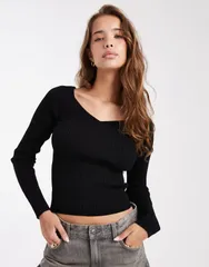 エイソス レディース アウター ニット・セーター Vネック ニット ASOS DESIGN knit structured v neck top Black ブラック