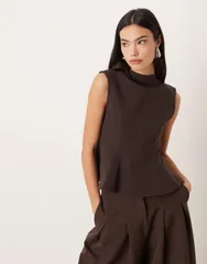 エイソス レディース トップス シャツ ノースリーブ ASOS DESIGN ponte sleeveless peplum top Brown ブラウン