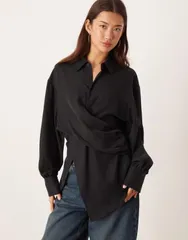エイソス レディース トップス シャツ ウエストマーク ASOS DESIGN wrap over cinched waist shirt in washed Black ブラック