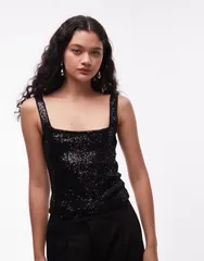 エイソス レディース トップス シャツ スパンコール ASOS DESIGN all over sequin square neck top Black ブラック