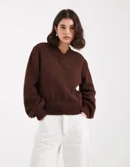 エイソス レディース アウター ニット・セーター セーター ASOS DESIGN blouson sleeve nipped waist high v sweater in chocolate Ch