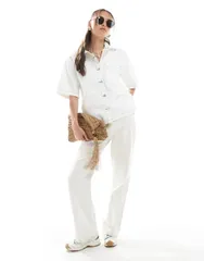 エイソス レディース トップス シャツ デニム ASOS DESIGN denim short sleeve shirt with pocket in ecru ECRU エクリュ