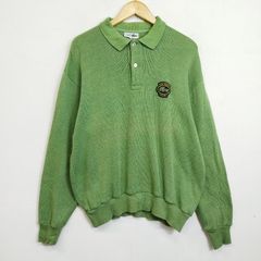 90s CHEMISE LACOSTE シュミーズラコステ 長袖 ニット ポロシャツ ワニ ワッペン 胸ロゴ 2ボタン 鹿の子編み風 ニット ゆったりシルエット ヴィンテージ グリーン サイズ4 J454