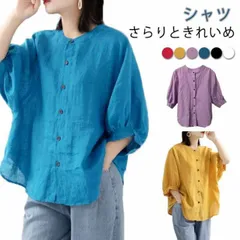 コットンリネン シャツ レディース 丸襟 春 夏 半袖 シャツブラウス 薄手 トップス ショート 綿麻 ブラウス ゆったり 大きいサイズ ナチュラル 涼しい カジュアル 無地 Tシャツ パフスリーブ #lj101450