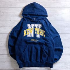 カレッジロゴ POINT SPORTSWEAR HOODIE ポイントスポーツウェア ネイビー 紺 NEW YORK USA カレッジプリント プルオーバーパーカー 古着 #26414