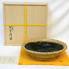 口切りの茶事】平安 万代草山作 天目釉 飾壷 飾紐解説書付 《正絹 三本