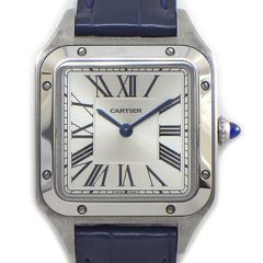 カルティエ Cartier 腕時計 サントスデュモン SM WSSA0023 スクエア サンレイ シルバー文字盤 ローマンインデックス ネイビー クロコダイルレザーベルト SS クオーツアナログ 【箱・保付き】 【中古】