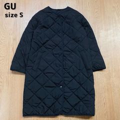 GU ジーユー S サイズ 長袖 コート 中綿入りロングコート ジャケット アウター キルティング 中わた ダイヤ 菱形 ブラック 黒 ノーカラー スナップボタン レディース シンプル 冬服 ロング丈 襟なし