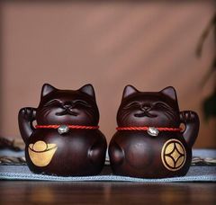 お買い得 ★黒檀招き猫 実木彫刻 置物 ペア zh020