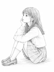 A4サイズ c1700 モノクロ白背景 セーラー服姿で座る人物の繊細な鉛筆画 アートプリント インテリア