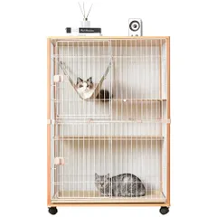 【即納】★新品★BTM 猫 ケージ キャットケージ 2段 木製フレーム 猫ゲージ キャットハウス ハンモック付き 引出し式トレー