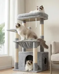 大特価　広め猫ハウス隠れ家 コンパクト猫タワー 省スペース トップ展望台付き 据え置きタイプ シザル麻爪とぎポール おも アウトレット