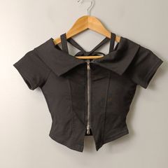 ミームセレクト me+em select 『カップ付き』 ダブルジップ クロスネック オフショル Tシャツ double zip cross neck off shoulder T-shirt F ブラック 블랙