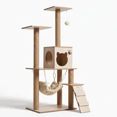 木製キャットタワー 132cm スリム省スペース キャットツリー - ハンモック/猫ハウス/展望台付き｜在庫あり