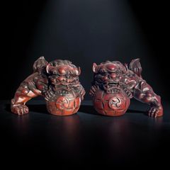 玉獅子 阿吽 玉乗り レッド 狛犬 魔除け 置物 コレクション オブジェ 古美術 骨董品 アンティーク