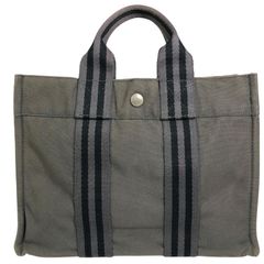 角破れ無し エルメス 本物 HERMES フールトゥ トートPM ハンドバッグ ミニトートバッグ グレー キャンバス メンズ レディース フランス製