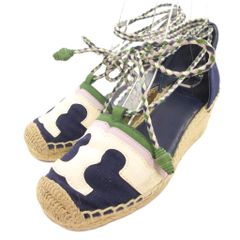 트리버치 TORY BURCH 샌들 신발 웨지 솔 레이스 업 21 화이트 화이트 네이비 IL ■IBO106