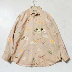 Papas ISLAND パパス 総柄 リネン100% 長袖シャツ L アロハ Papas パパス パパスアイランド リネンシャツ 麻シャツ 総柄シャツ アロハシャツ 帽子柄 葉巻柄 リゾート アーカイブ 레트로 ヴィンテージ 古着 メンズ