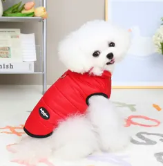 【期間限定】犬服 秋冬 中綿ベスト ダウン風 Dリング付き スナップボタン レッド S M ペット服 ドッグウェア 防寒