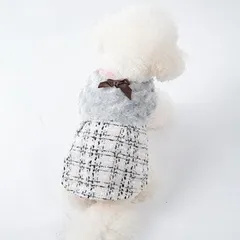【期間限定】犬服 秋冬 ツイード柄 ファー ベスト スナップボタン XXS XS ペット服 ドッグウェア 超小型犬