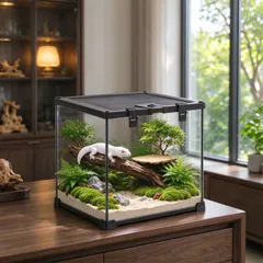 【期間限定】【タイプB】Mサイズ 爬虫類ガラスケージ 30*30*30cm 360°観察可能 開閉式給餌口 スライド式メッシュパネル