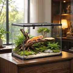 【タイプB】Lサイズ 爬虫類ガラスケージ 50*30*35cm 360°観察可能 開閉式給餌口 スライド式メッシュパネル セール