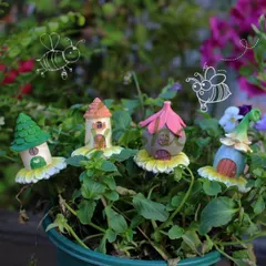 【即納】新品未使用 屋外レジン工芸品 多肉植木鉢装飾 4 点セット 小ハウス型花壇装飾 キノコハウス庭園スティック