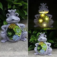 新品未使用 直供 ナイトライト付きレジン製庭園花壇卓上景観装飾 ソーラー多肉植物用クラウンカエルフィギュア｜在庫あり